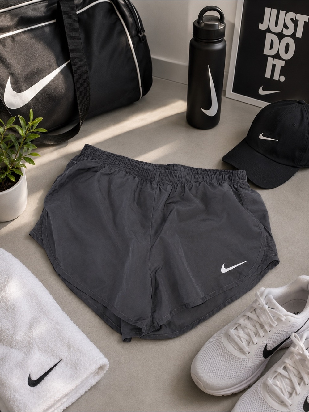 Nike Women's Dark Gray Athletic Running Shorts with White Swoosh